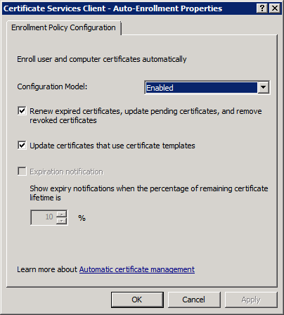 DC Computer Auto Enrollment Policy Settings