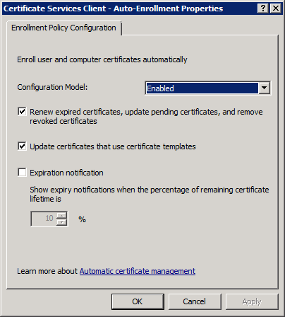 DC User Auto Enrollment Policy Settings