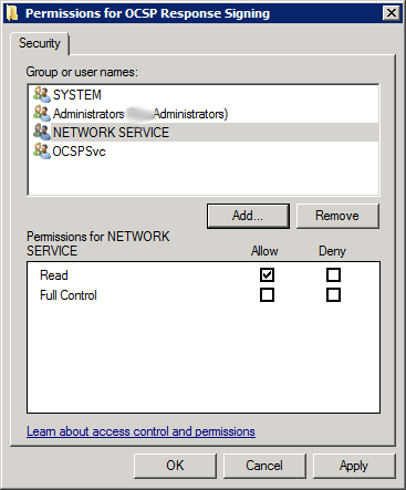 OCSP Response Signing Template Security Add Network Service right to Private Key 2