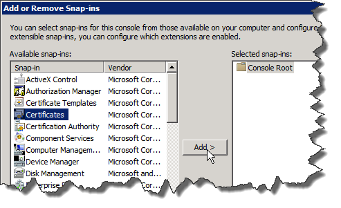 mmc - Add Remove Snap-in - Certificates - Add