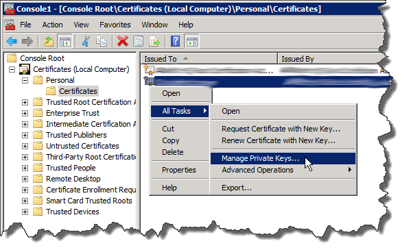 mmc - Certificates - Manage Private Keys