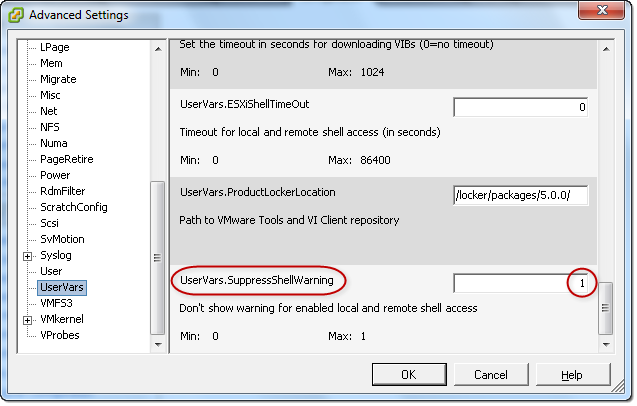 VMware ESXi5 Host - Software - Advanced Settings - UserVars.SupressShellWarning